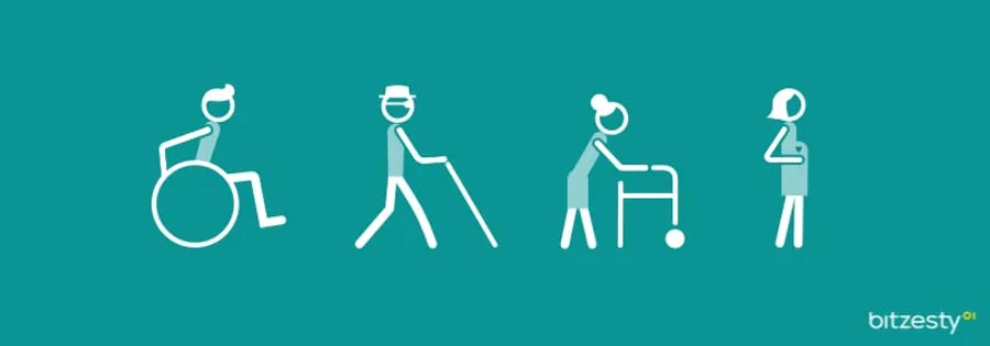 An image of icons representing people of different ages and abilities, including someone using a walking stick, a pregnant woman and a wheelchair user. 