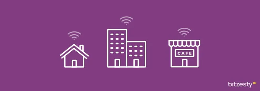 A series of icons representing home-working through a Wi-Fi symbol above a house, block of flats and cafe.
