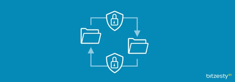 An icon showing an architectural representation of secure data moving between files.