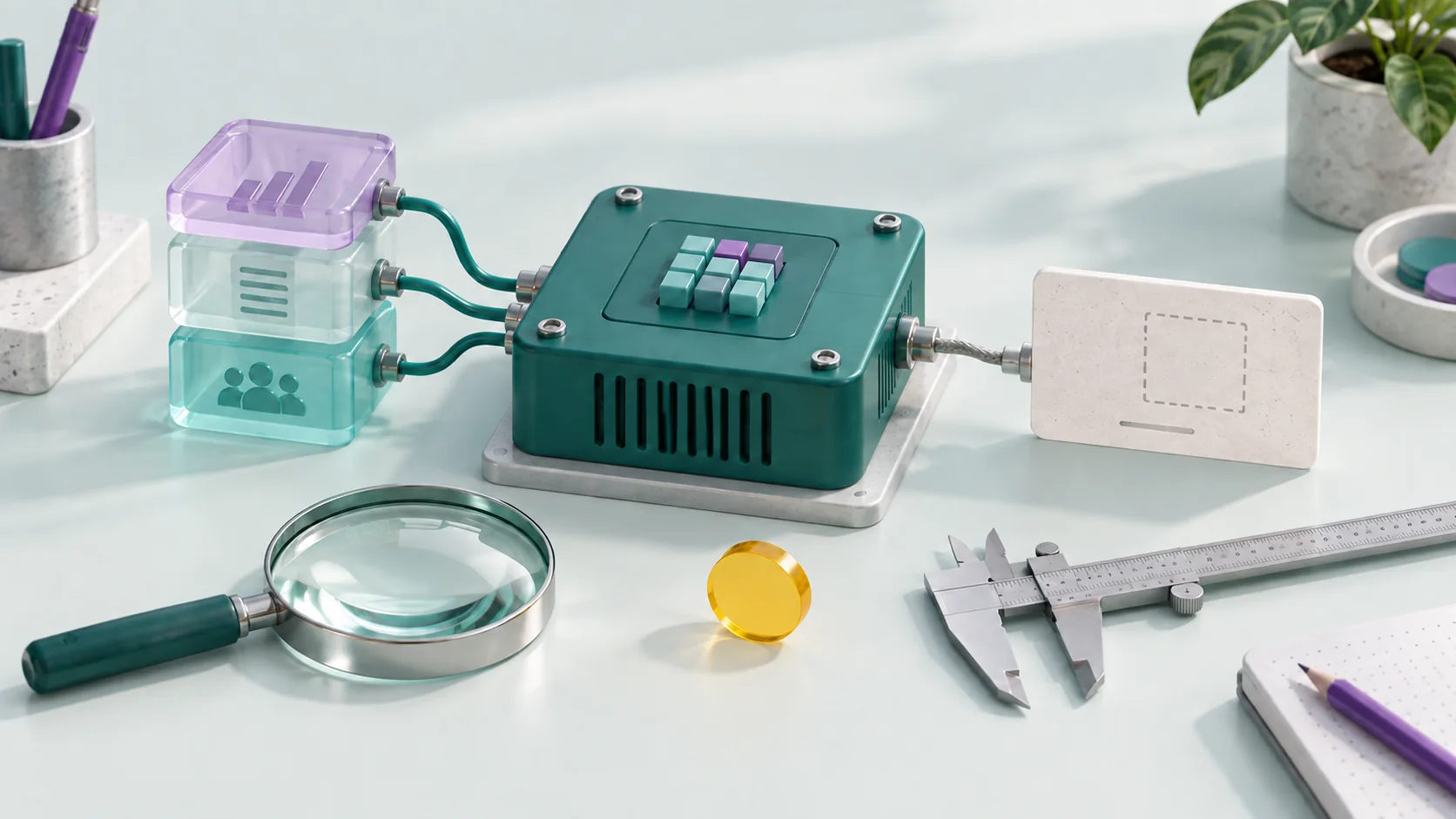 A computing module connected to data blocks on a workbench with inspection and measuring tools.