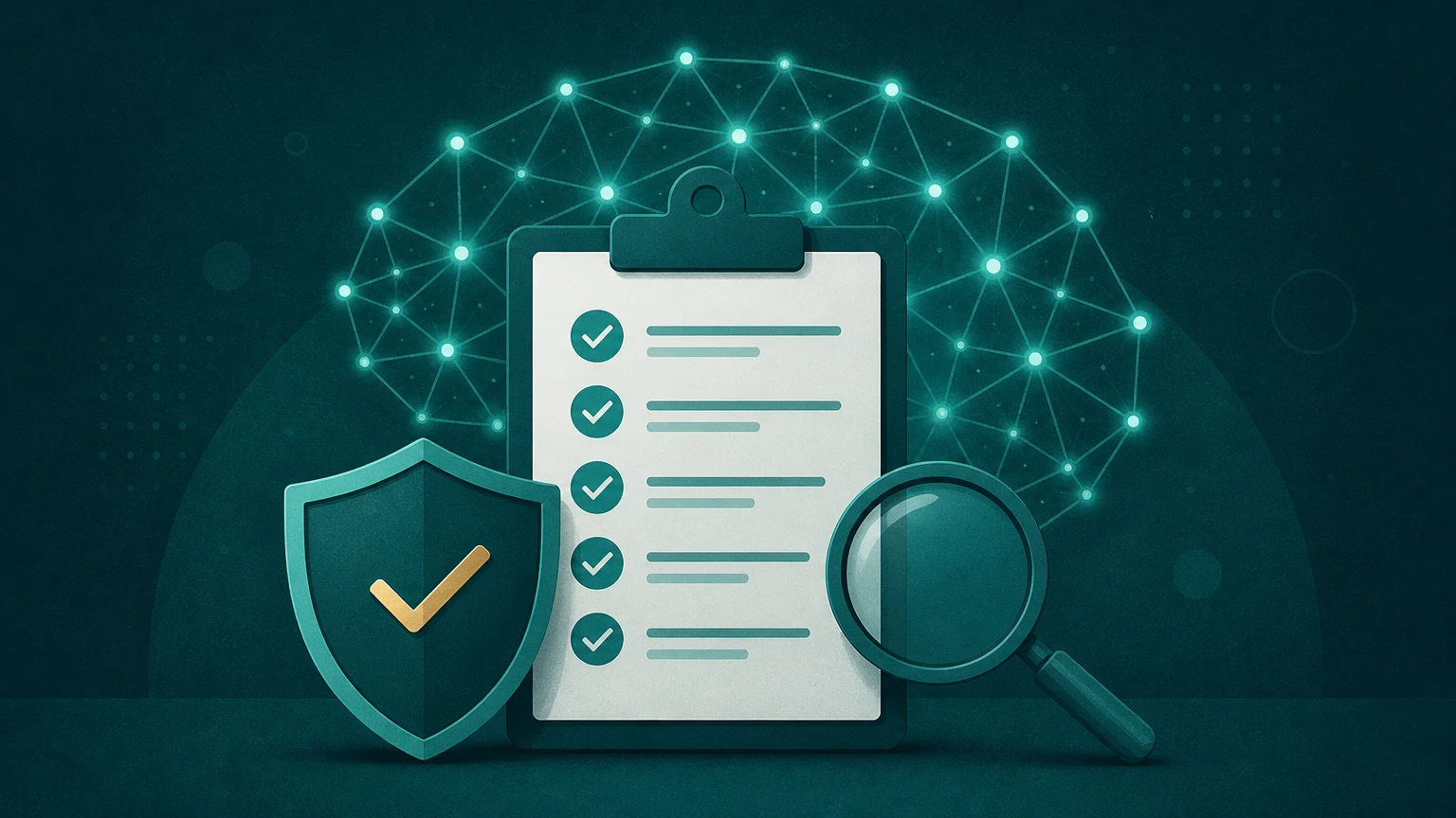 A clipboard with a checklist in front of a stylised neural network, with a shield and a magnifying glass beside it.