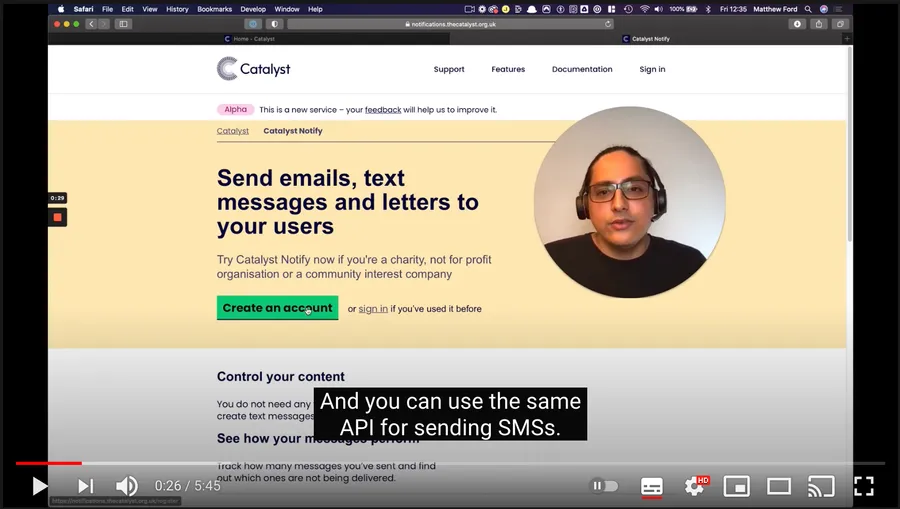 Screenshot of Matt Demoing the Notify service