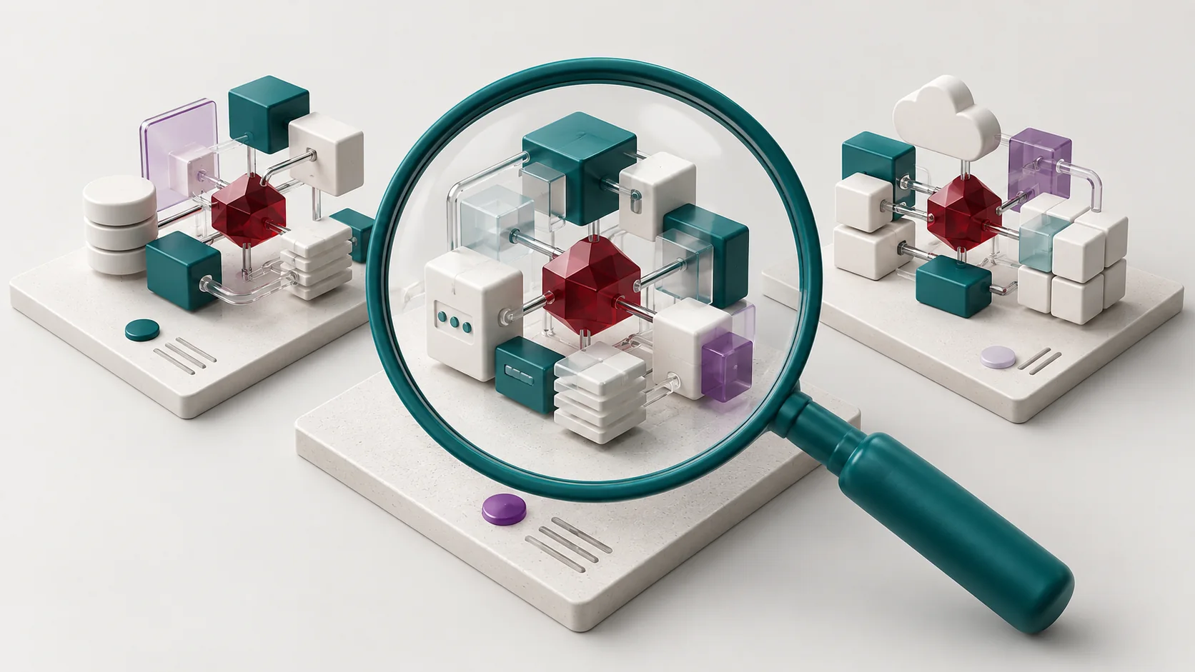 A magnifying glass examining three modular software systems with ruby-coloured cores.