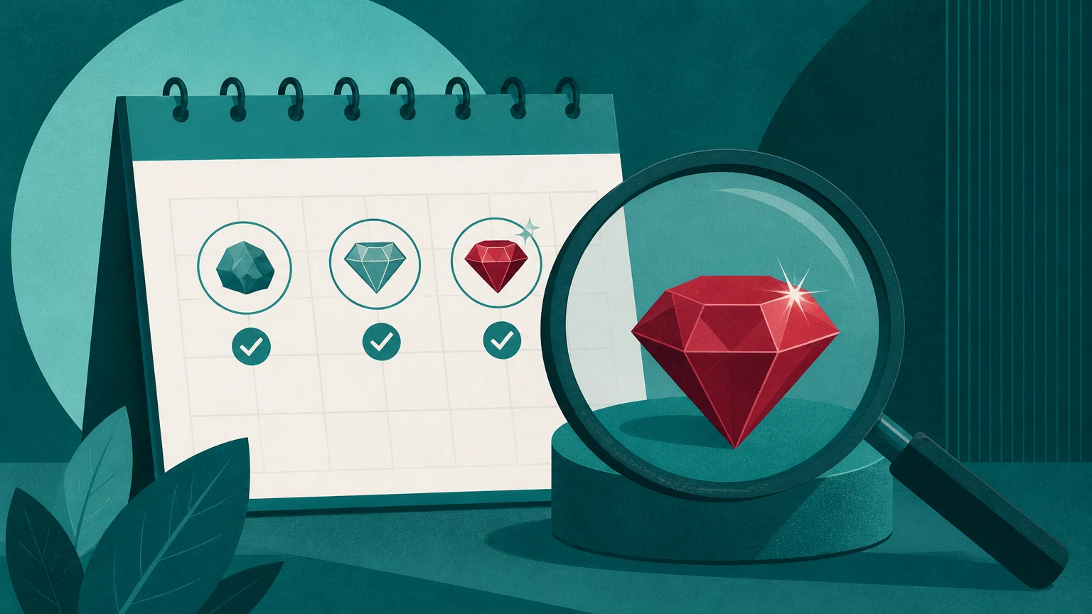 A calendar with three marked phases beside a stylised Ruby gem being carefully inspected with a magnifying glass.