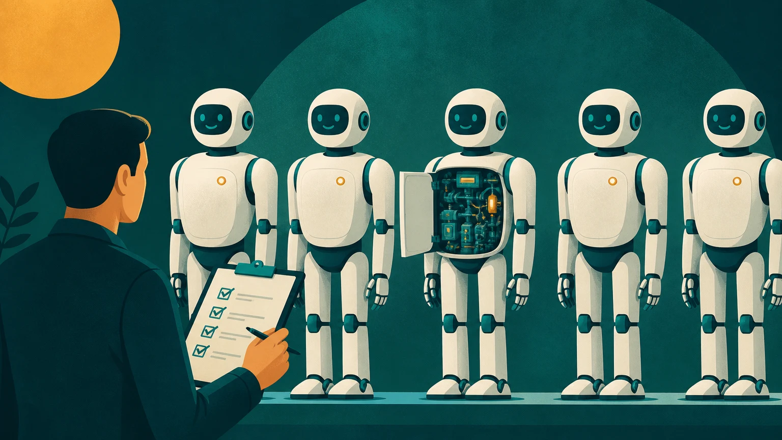 A buyer inspecting a row of identical-looking robots with a checklist, only one of which has its panels open showing real machinery.