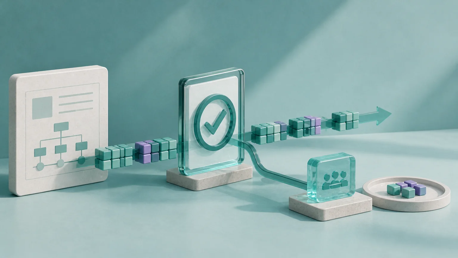 A specification blueprint and code blocks passing through an independent verification gate.