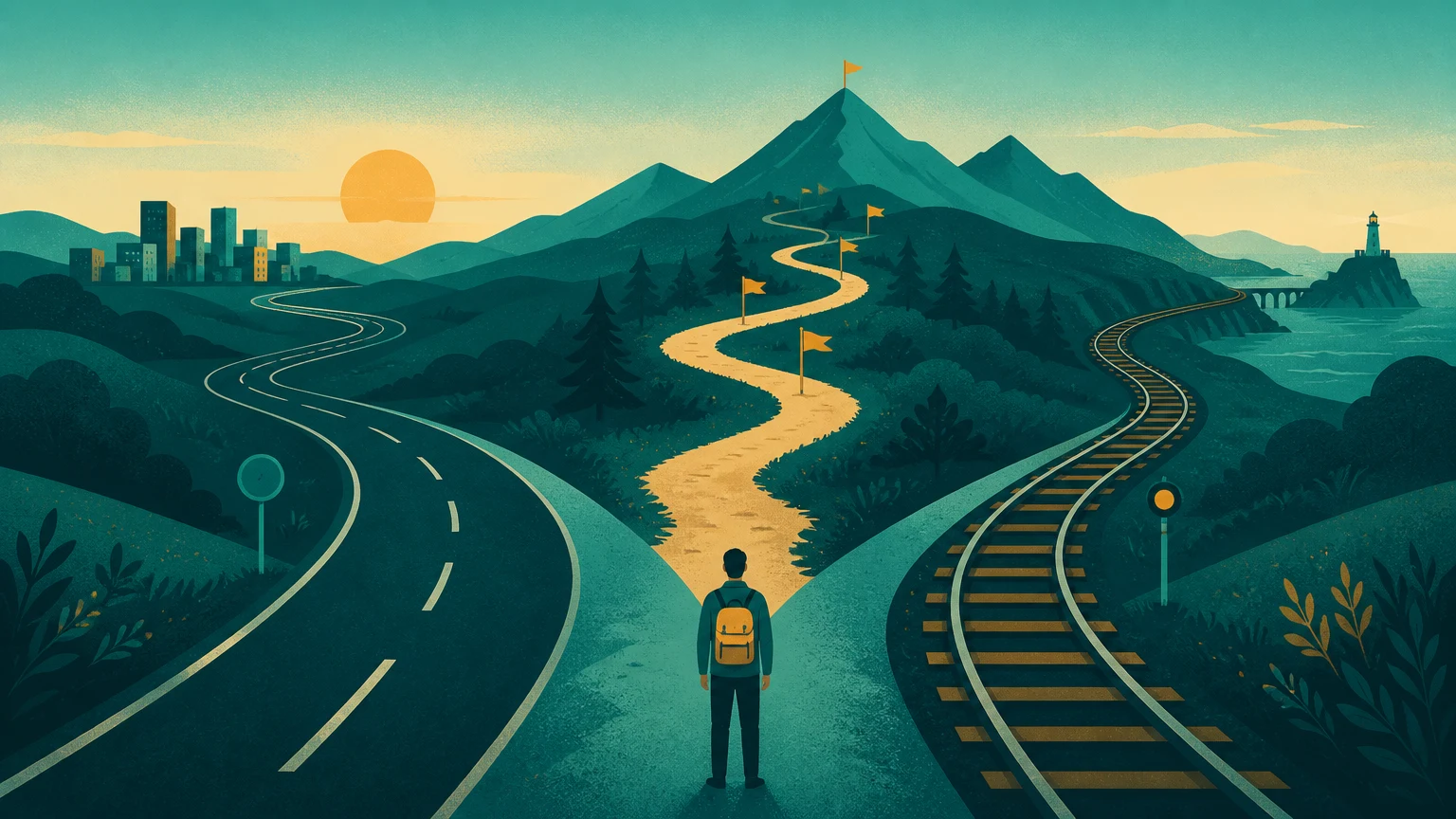 Three paths diverging from a single point across a landscape, each with different terrain and milestones.