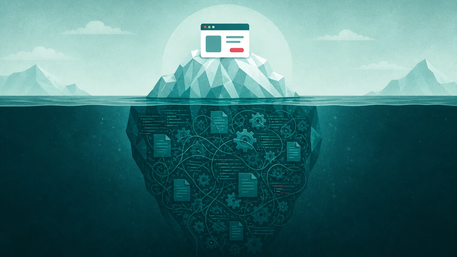 An iceberg: a small gleaming new application window above the waterline, a vast hidden mass of tangled code, documents and gears below it.