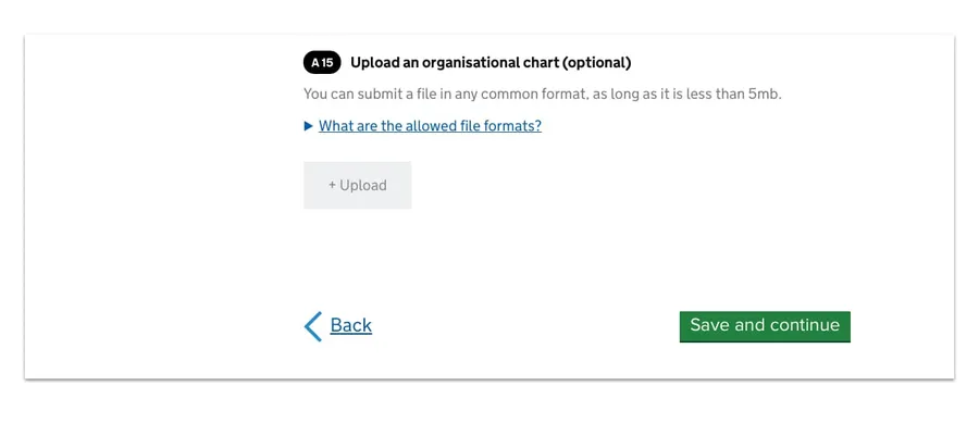 Queen's Award for Enterprise form showing Save and continue call to action button
