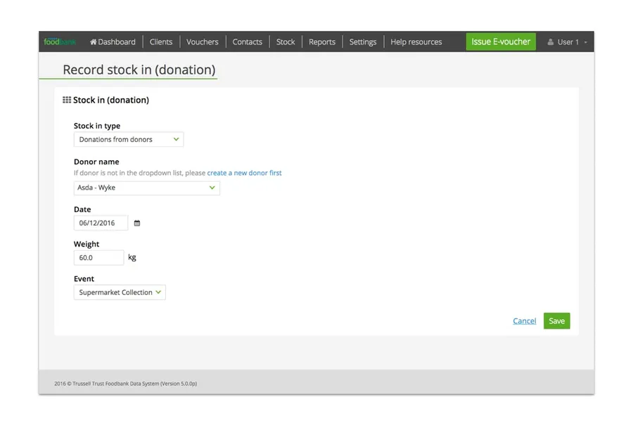 Trussell Trust form showing clear differentiation between Save and Cancel buttons