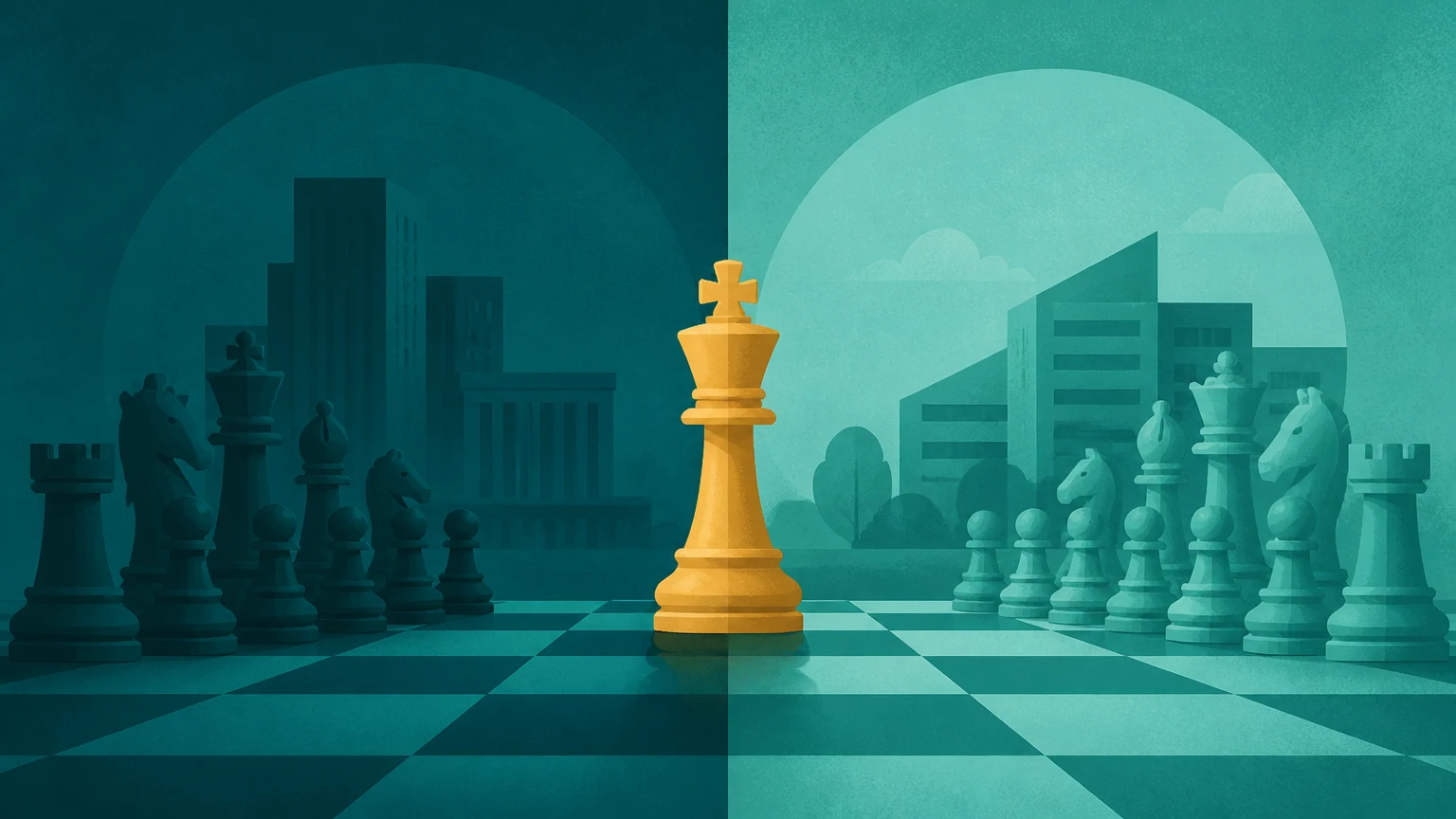 A chessboard with a single king piece shared between two games, representing one senior leader serving several companies.