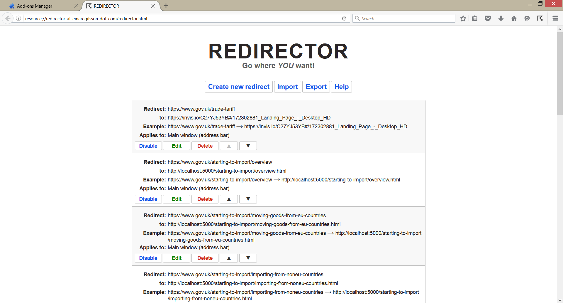 Redirector - Main page