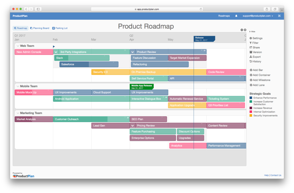 An example of a Product Roadmap which can be created using ProductPlan online software.