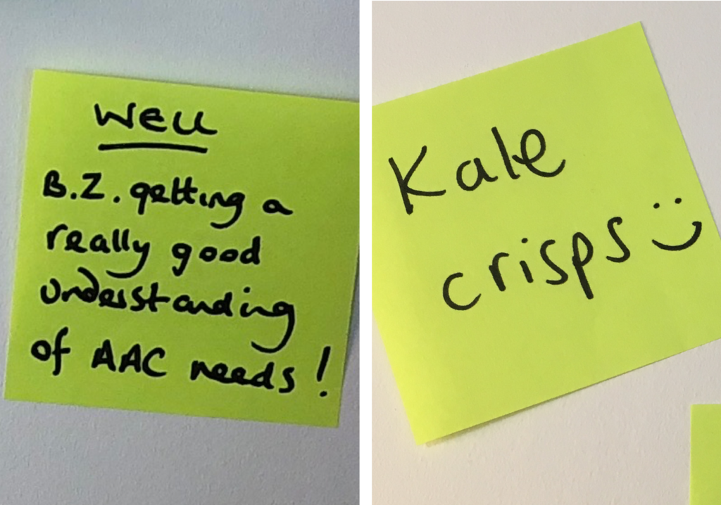 Two notes from the ‘what went well’ group – retrospectives can (and do!) feature light-hearted comments as well as genuine praise for team members.