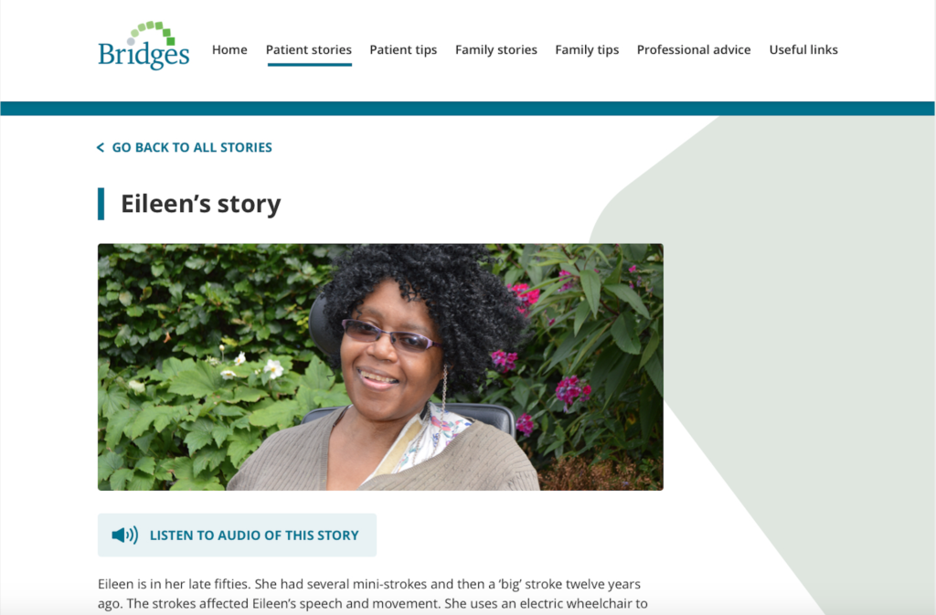 A_screenshot_of_Bridges_website_page_featuring_Eileens_story_with_image_and_audio