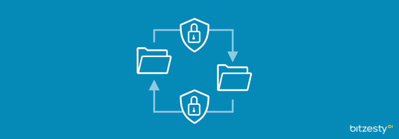 An icon showing an architectural representation of secure data moving between files. 