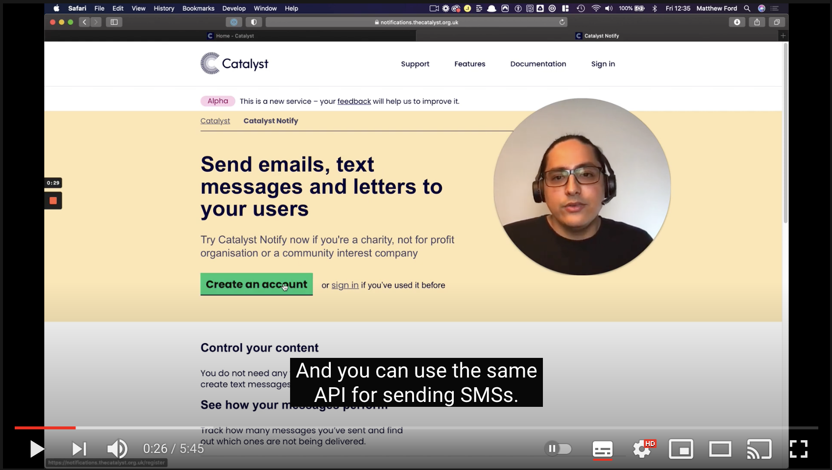 Screenshot of Matt Demoing the Notify service