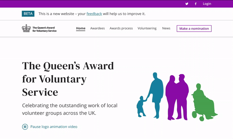Queen's Award for Voluntary Service top of the home page with logo animation